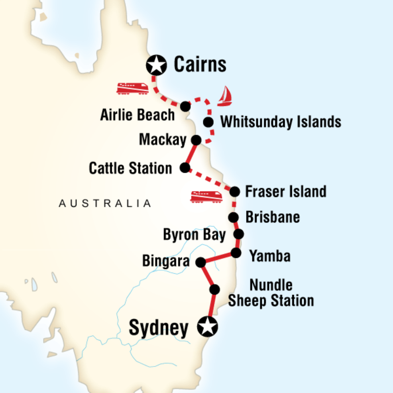 Route map for Most of the Coast—Sydney to Cairns (OASC)