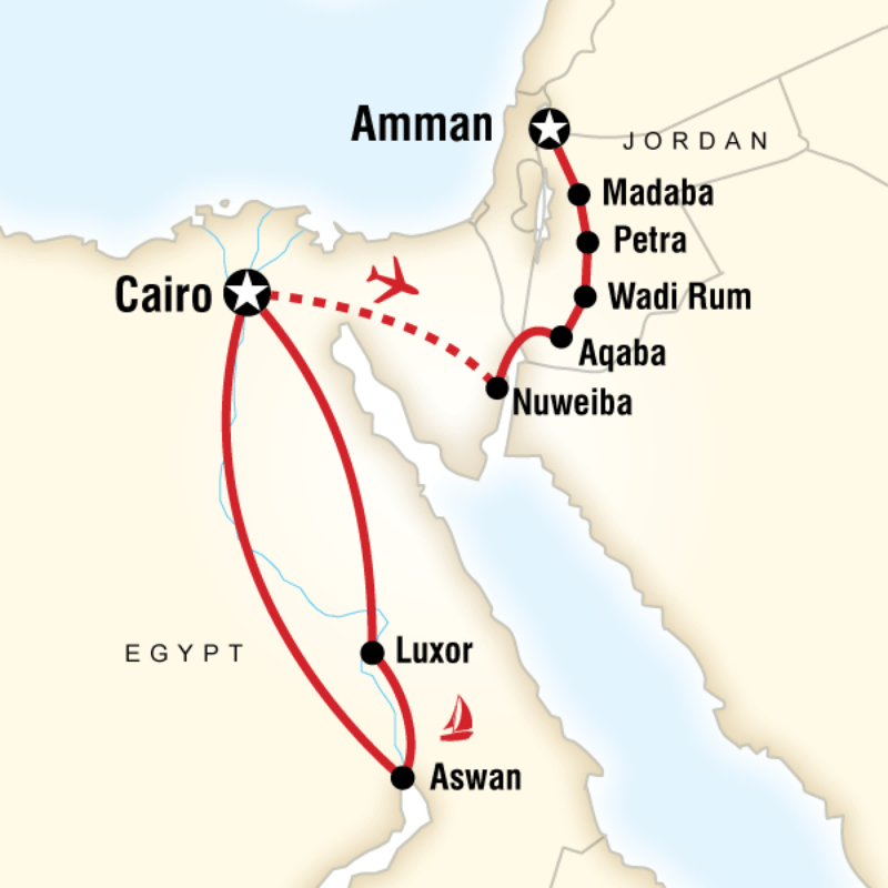 Map of the route for Egypt & Jordan Adventure