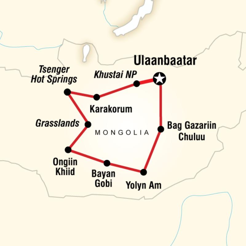 Map of the route for Nomadic Mongolia