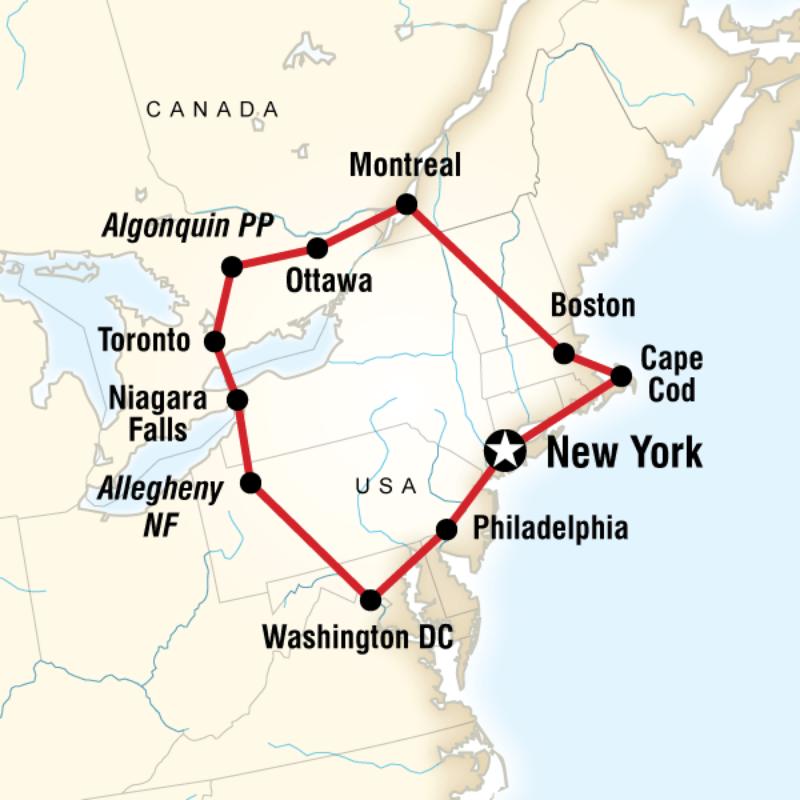 Map of the route for Highlights of the Eastern US & Canada