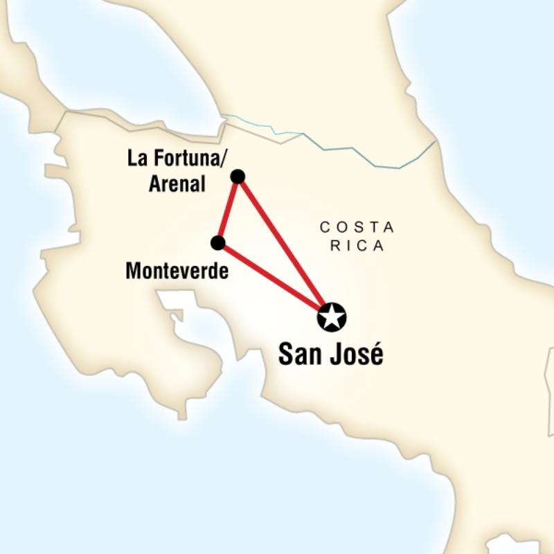 Map of the route for Volcano, Hot Springs & Cloudforest