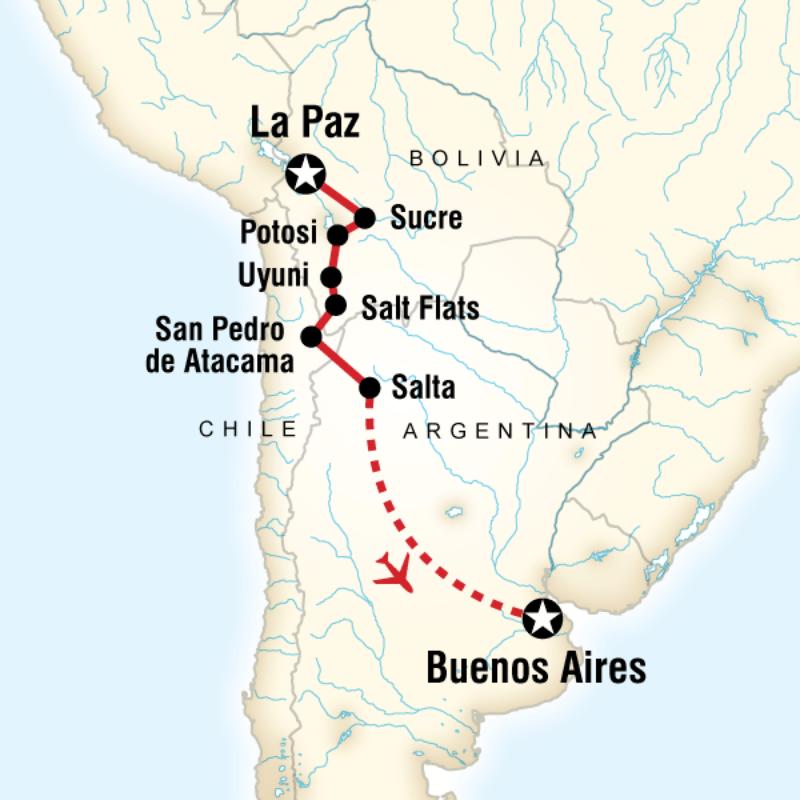 Map of the route for La Paz to Buenos Aires Adventure
