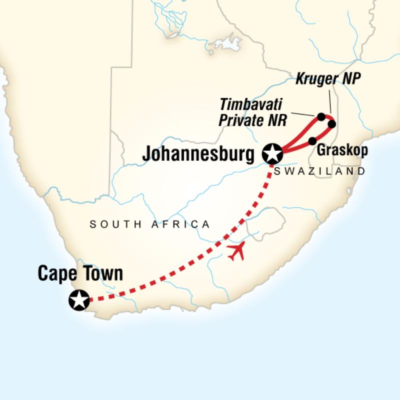 Map of the route for Kruger & Cape Town