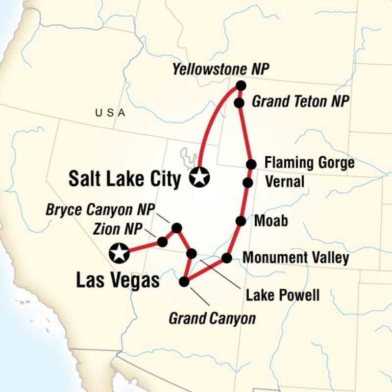 Route map for Yellowstone & Canyonlands Adventure South (NULV)