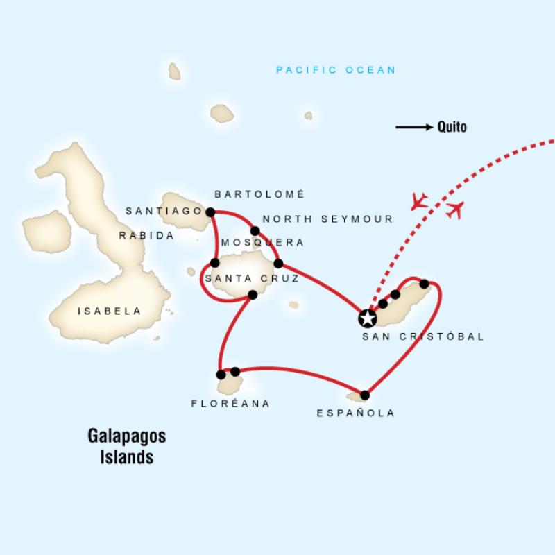 Map of the route for Discover Galapagos - Central, Southern and East Islands