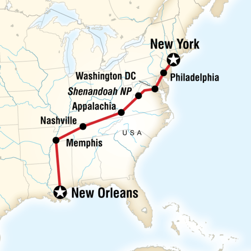 Map of the route for Music, Mountains & Monuments Westbound