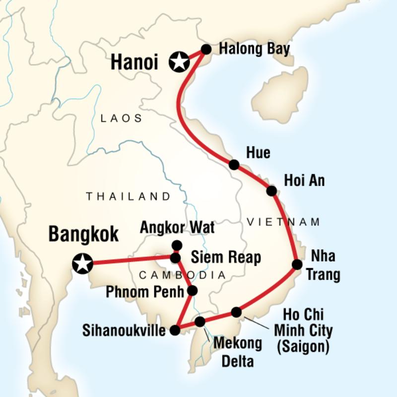 Map of the route for Cambodia & Vietnam on a Shoestring