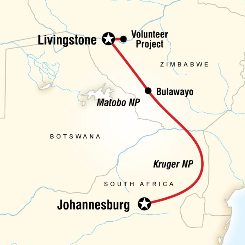 Route map for Zambia Volunteer and Safari (DZPT)
