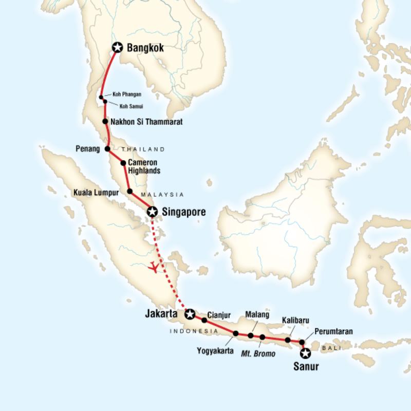 Map of the route for Bangkok to Bali on a Shoestring