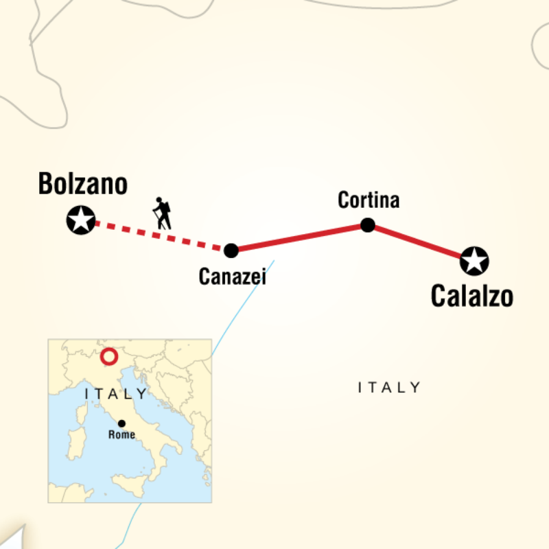 Map of the route for Trekking in the Dolomites