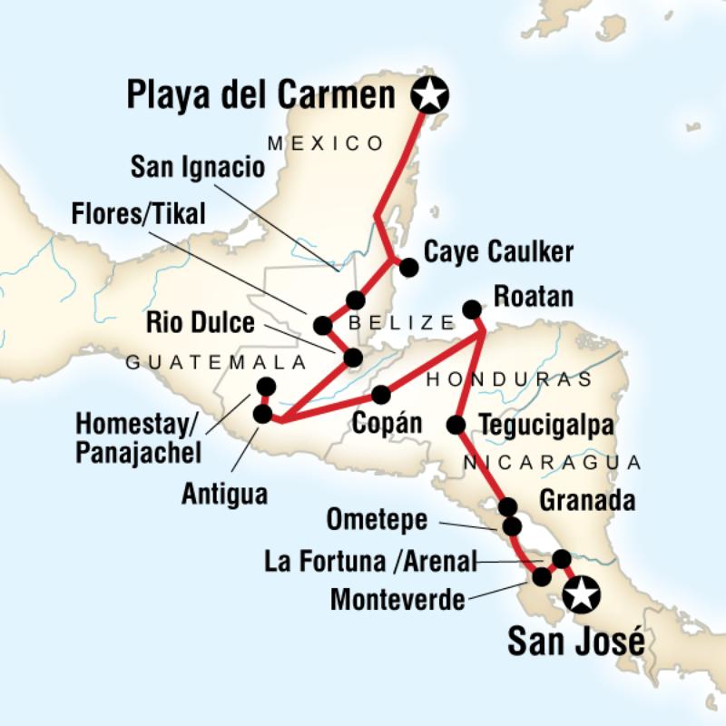 Map of the route for Central American Journey