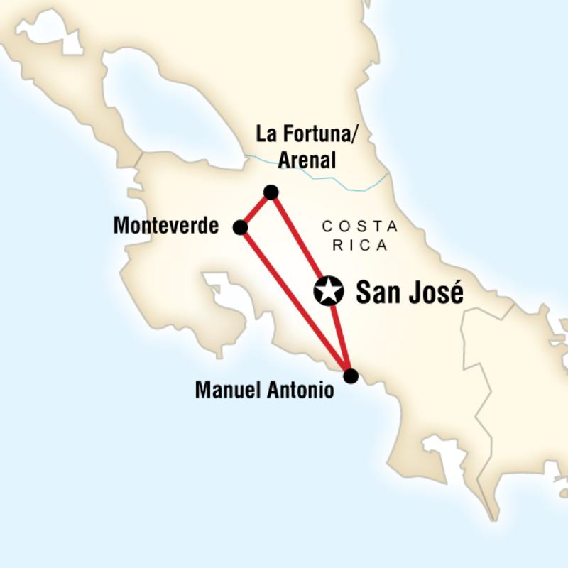 Map of the route for Costa Rica Pass - Route 4 Adventure Bus