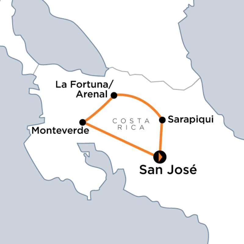 Map of the route for Classic Costa Rica