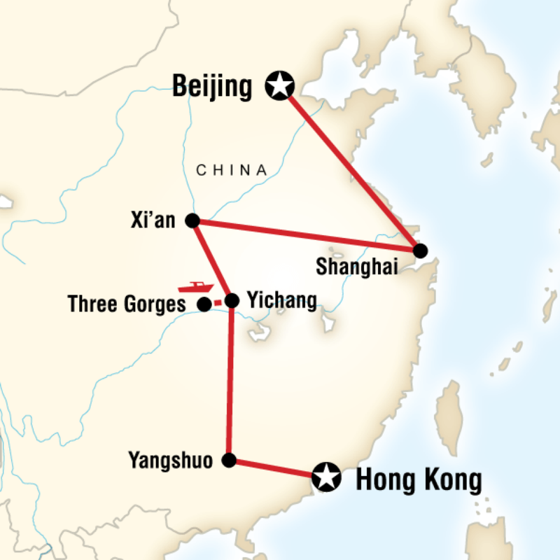 Map of the route for China on a Shoestring—Beijing to Hong Kong