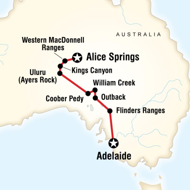 Route map for Outback to the Red Centre - Adelaide to Alice Springs (OAAR)