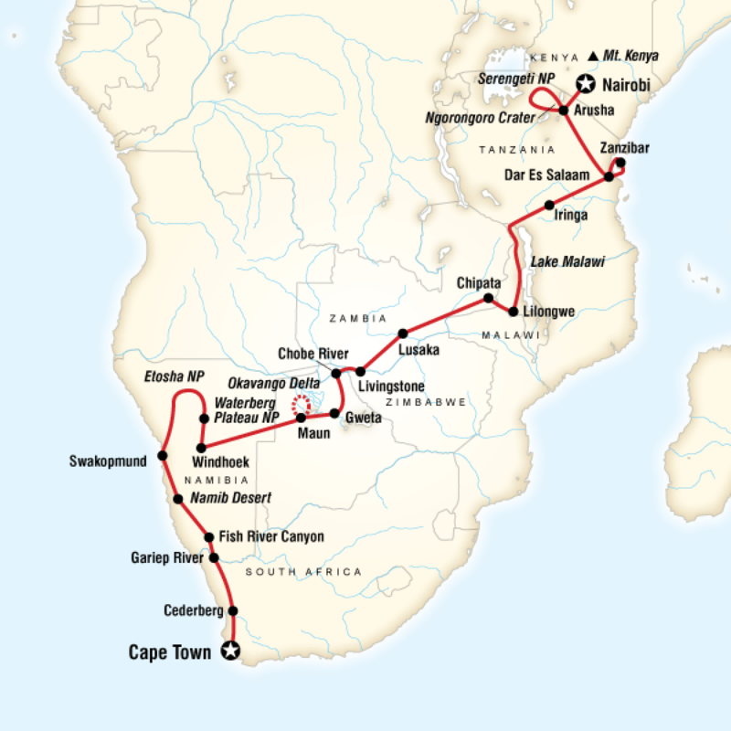 2013 map of Nairobi to Cape Town Adventure