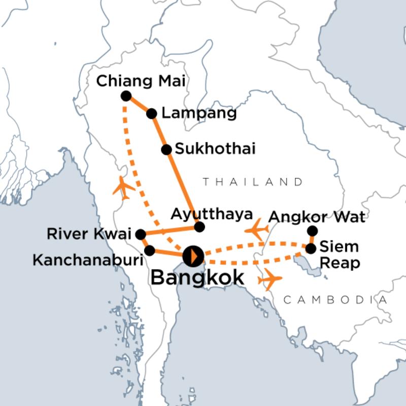 Map of the route for Thailand & Angkor Wat Cultural Journey