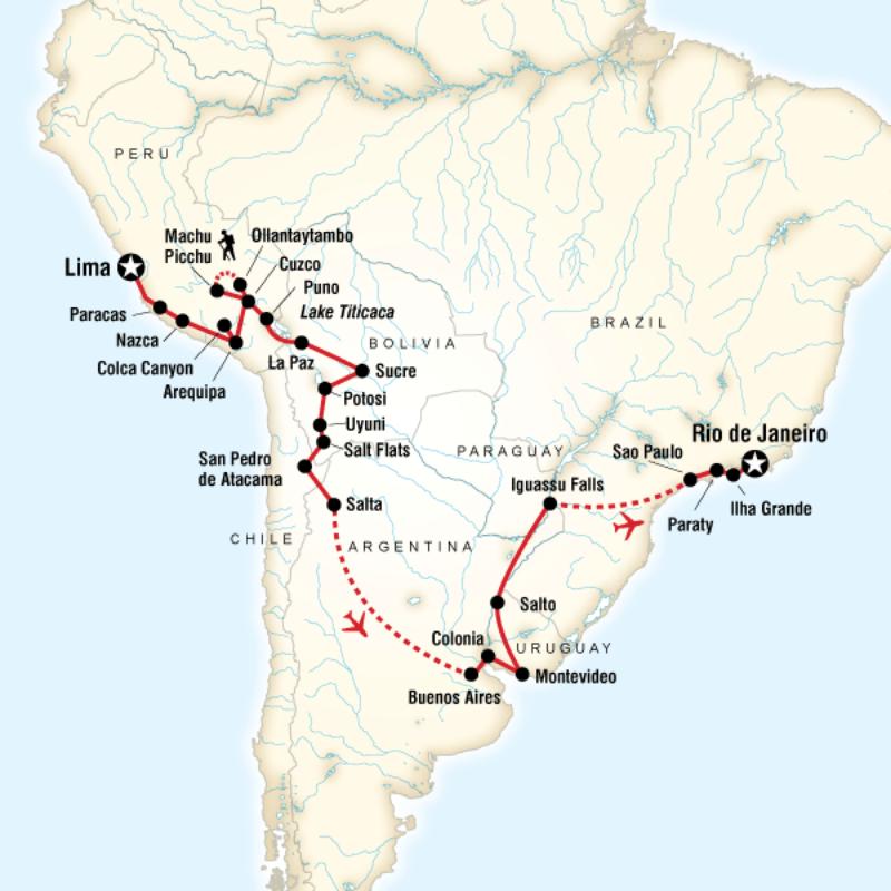 Map of the route for Lima to Rio Adventure