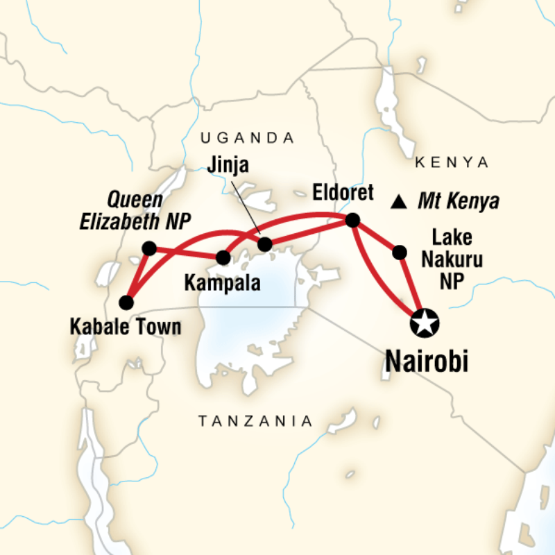 Map of the route for Kenya & Uganda Gorilla Adventure