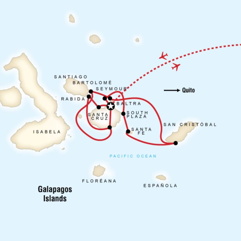 Map of the route for Explore Galapagos - Southern, Central and East Islands