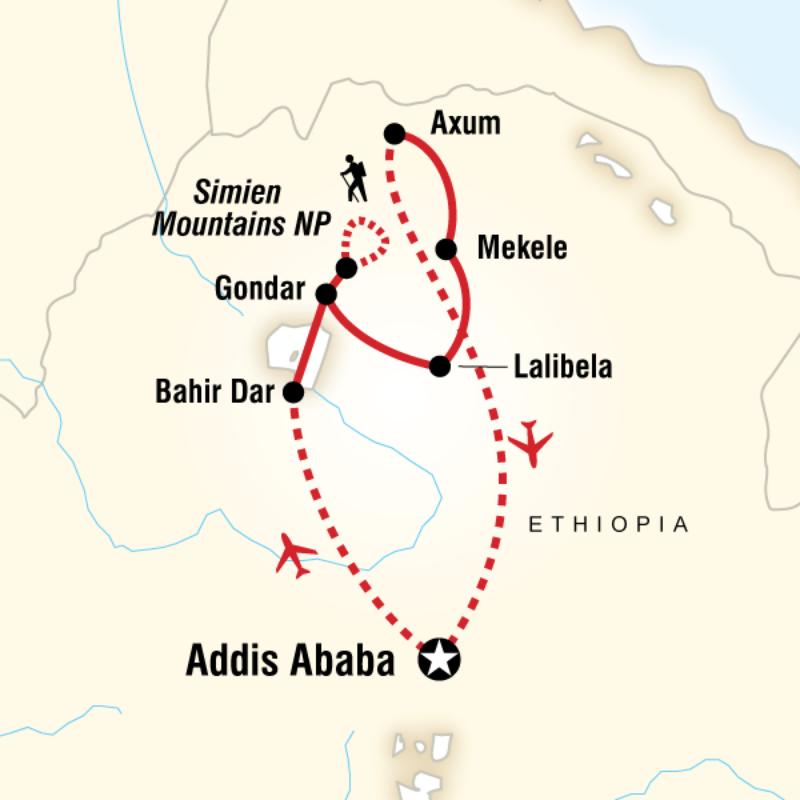 Map of the route for Highlights of Ethiopia