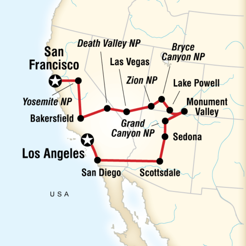 Map of the route for National Parks & Bright Lights