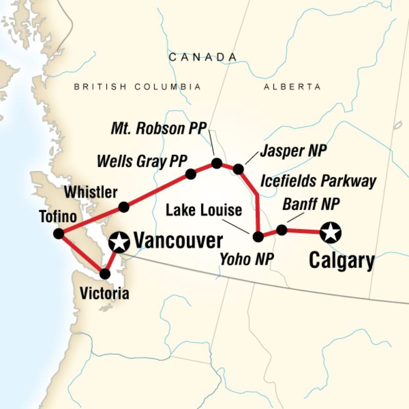 Map of the route for National Parks of the Canadian Rockies Westbound