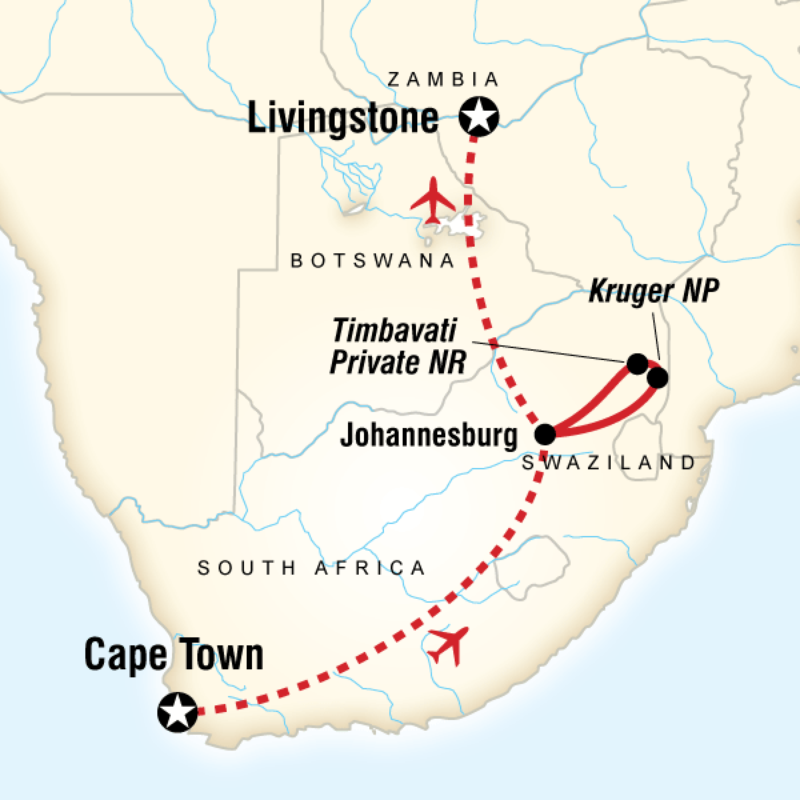 Map of the route for Kruger, Cape Town & Falls