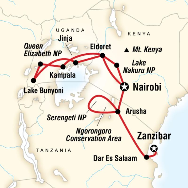 Map of the route for Ultimate East Africa