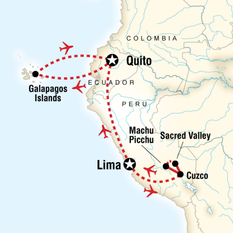 Route map for Discover Machu Picchu and Galápagos - Central Islands (SPX06GA)