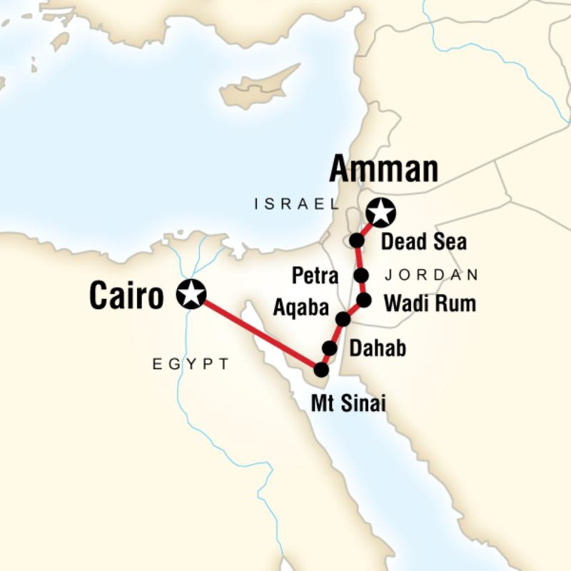 Map of the route for Cairo to Amman on a Shoestring