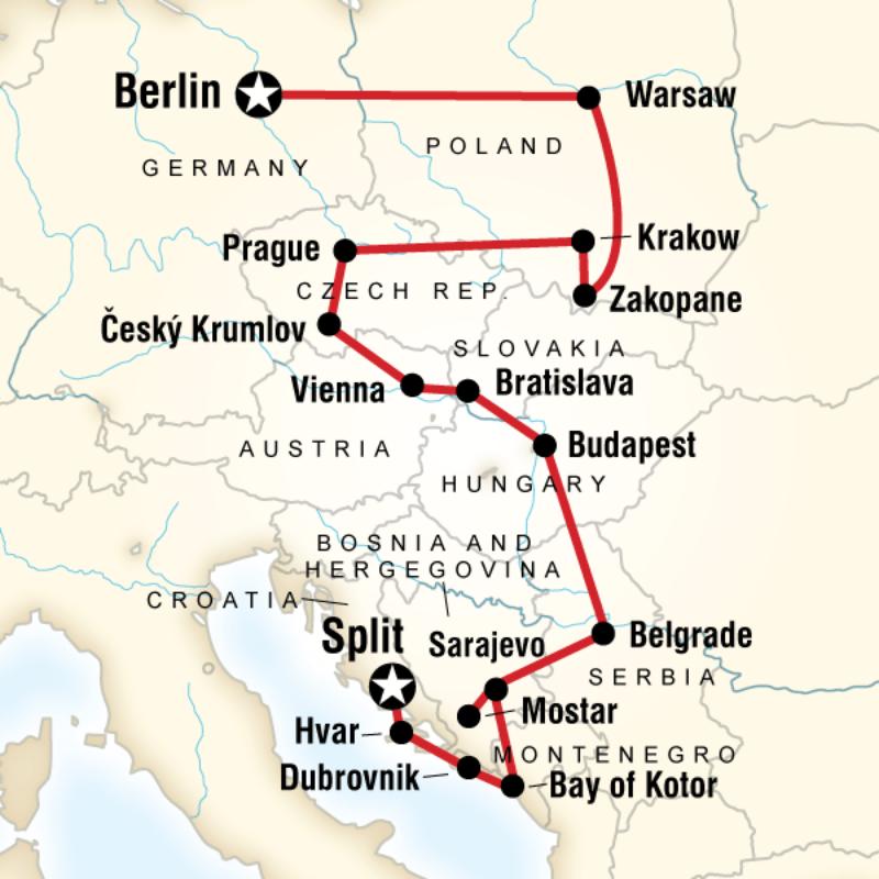 Map of the route for Eastern Europe, Croatia & the Balkans