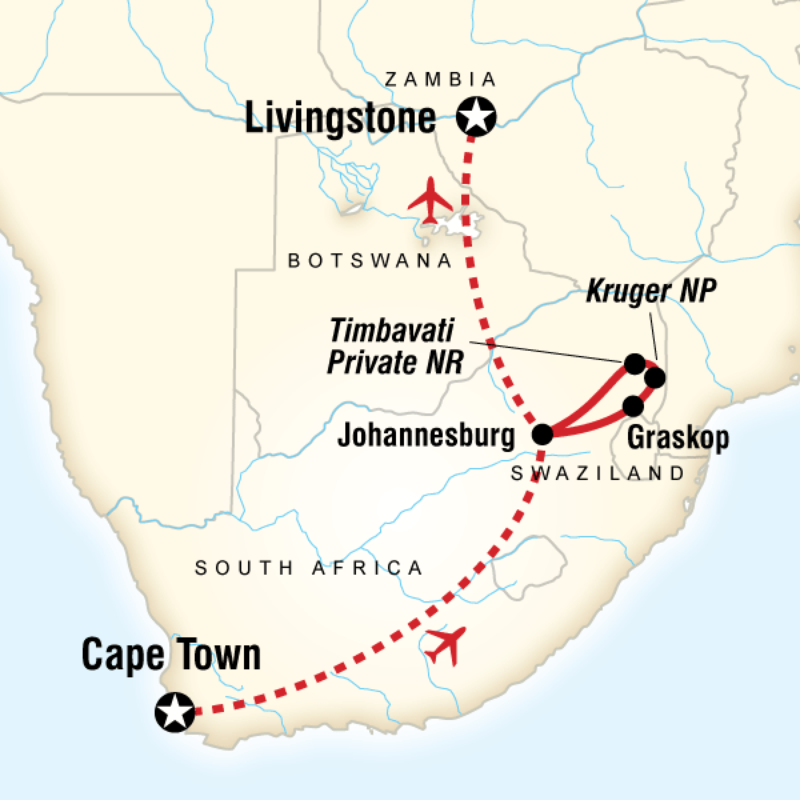 Route map for Kruger, Cape Town & Falls (DAKL)