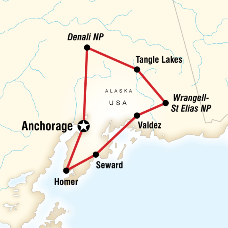 Map of the route for Highlights of Alaska