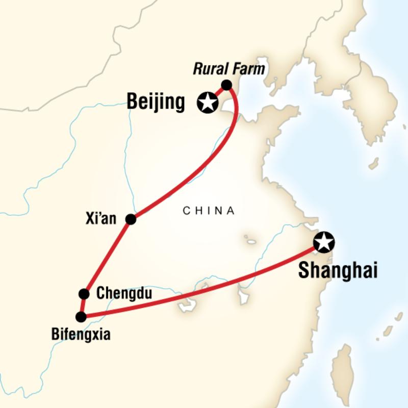 Map of the route for Volunteer China - Pandas
