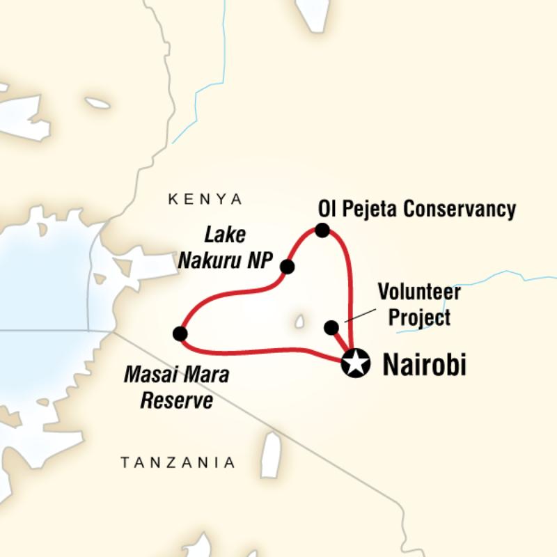 Map of the route for Kenya Volunteer and Safari