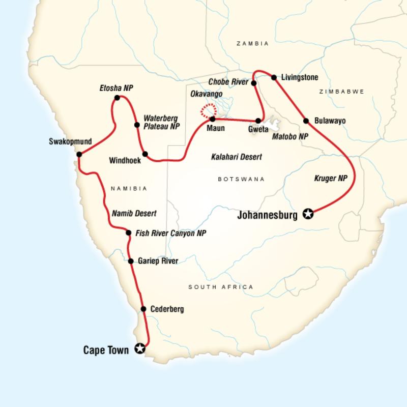 2013 map of Cape Town to Joburg Adventure