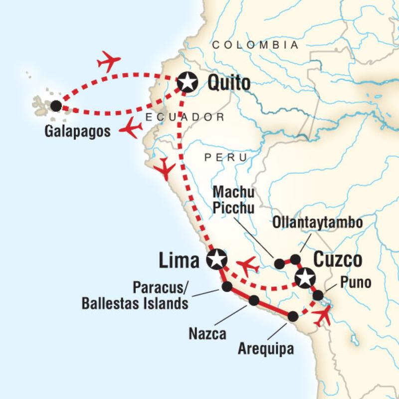 Map of the route for Galapagos South Islands and Inca Explorer