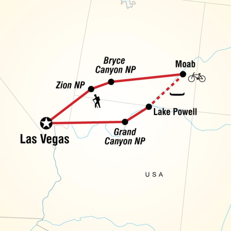 Map of the route for USA Hike, Bike & Raft
