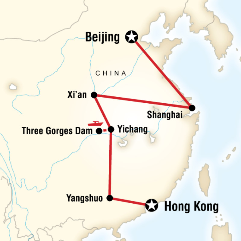 Map of the route for China on a Shoestring—Beijing to Hong Kong