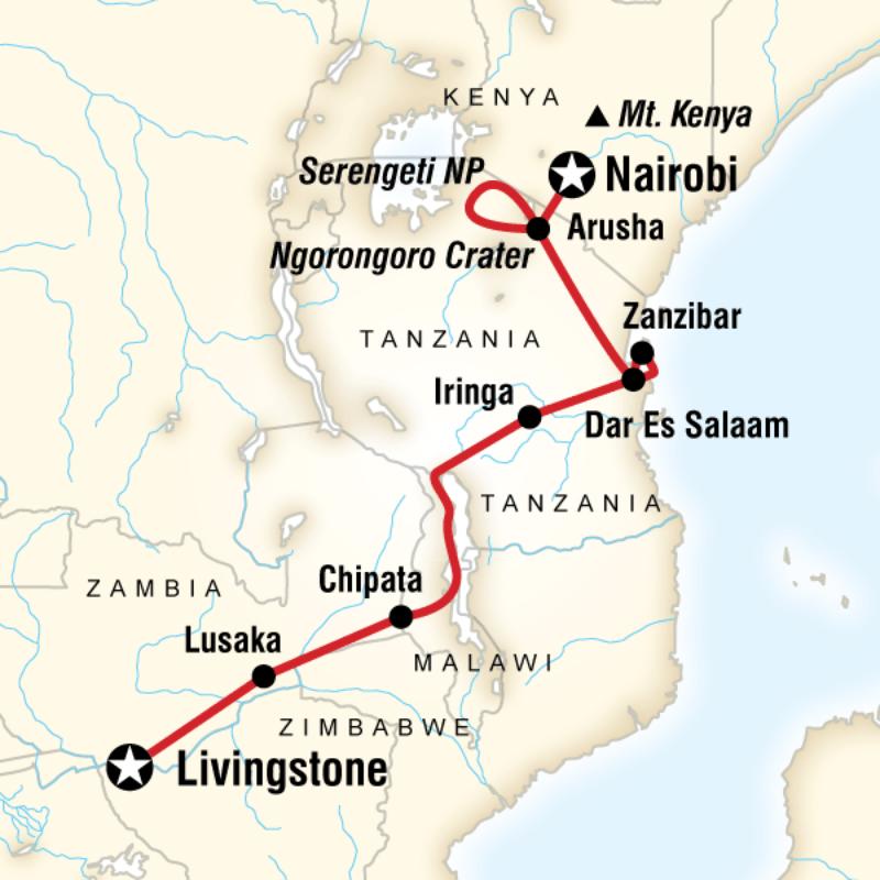 2013 map of Victoria Falls to Nairobi Adventure