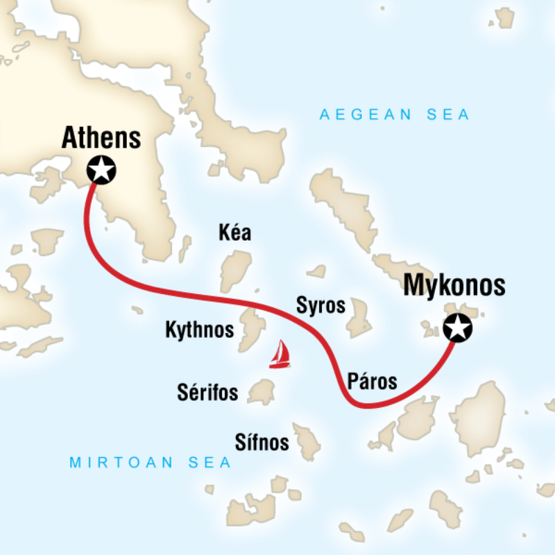 Map of the route for Greek Islands Sailing Adventure (Mykonos to Athens)