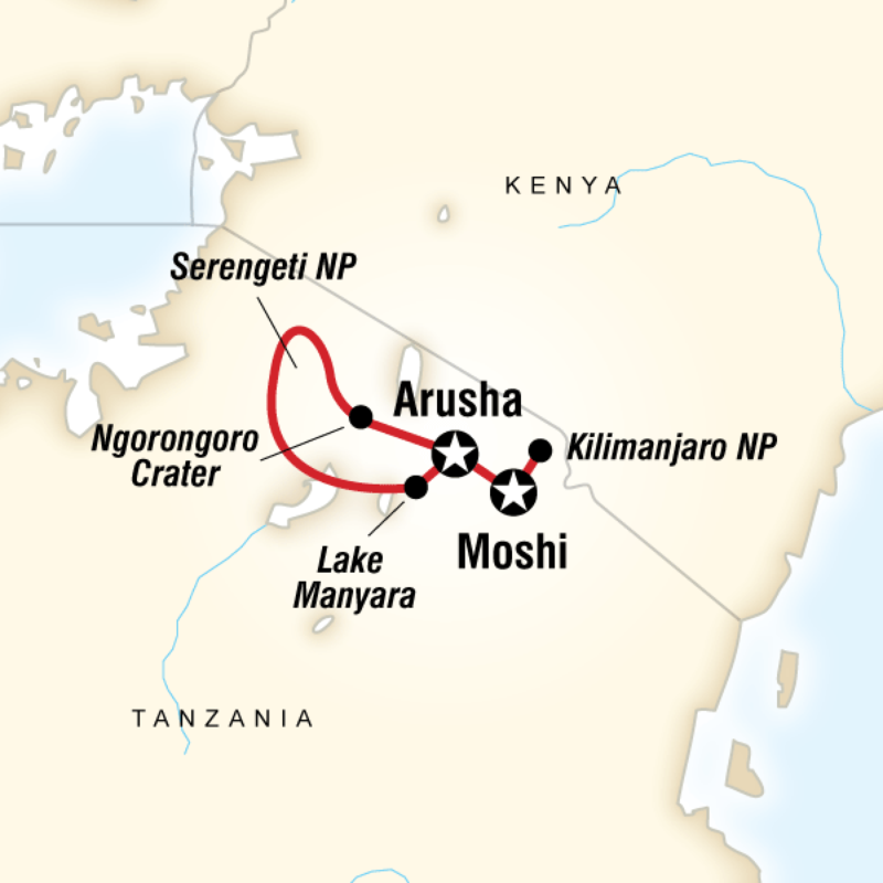 Map of the route for Mt Kilimanjaro & Serengeti Adventure