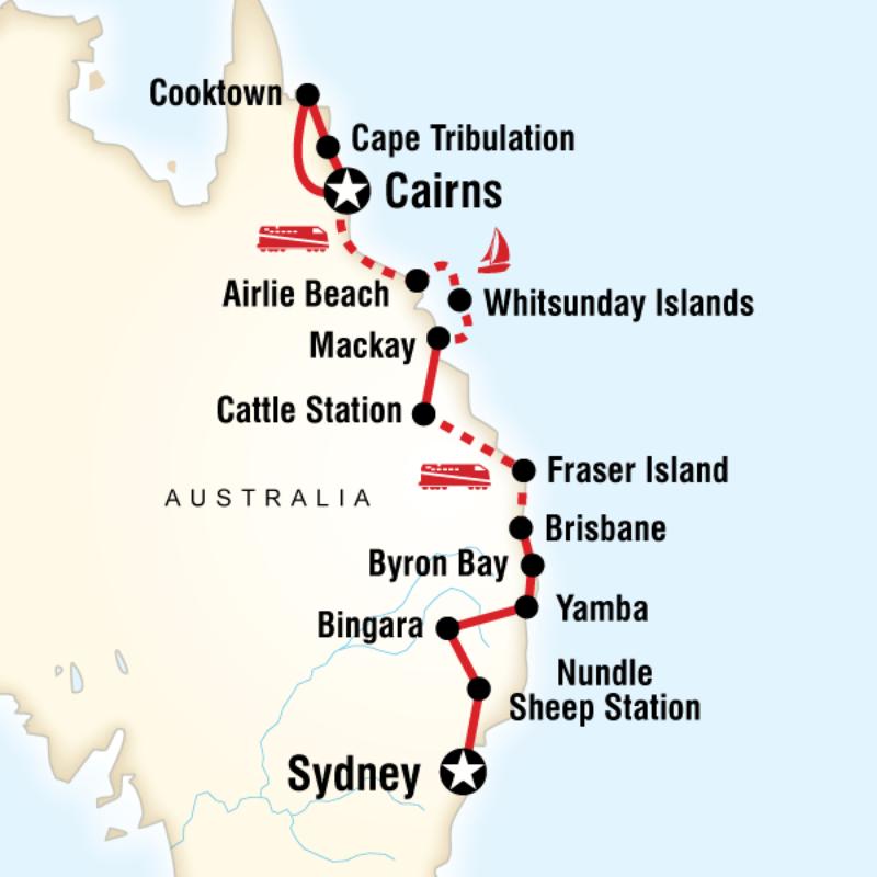 Map of the route for East Coast Encompassed - Sydney to Cairns