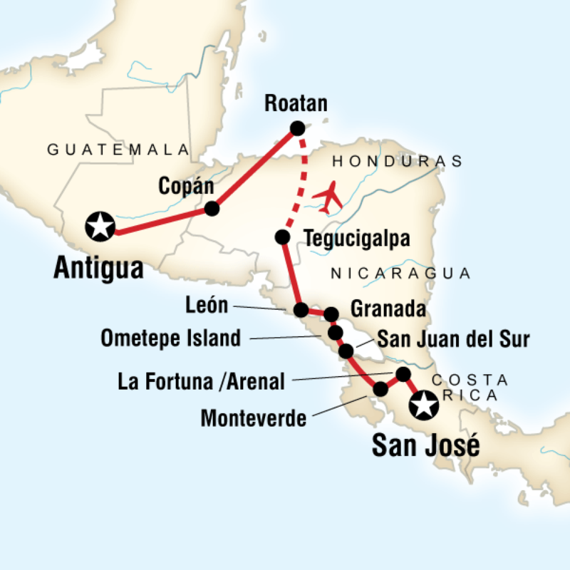 Map of the route for Volcano Adventure- San José to Antigua