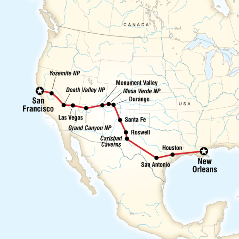 Map of the route for San Francisco to New Orleans Road Trip