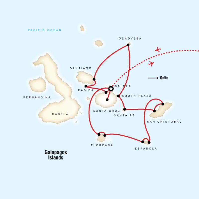 Map of the route for Voyage Galapagos - Northern and Southern Islands