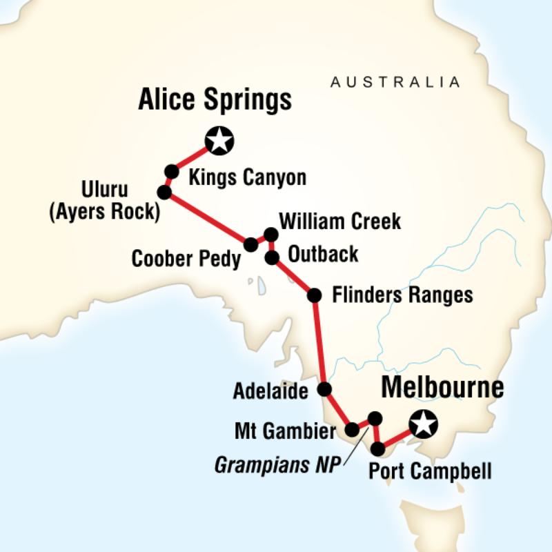 Map of the route for Melbourne to the Red Centre