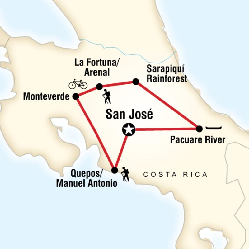 Map of the route for Costa Rica Active Adventure