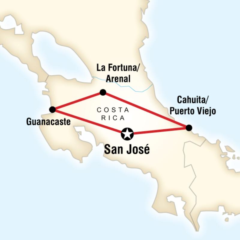 Map of the route for Costa Rica Pass - Route 5 Adventure Bus